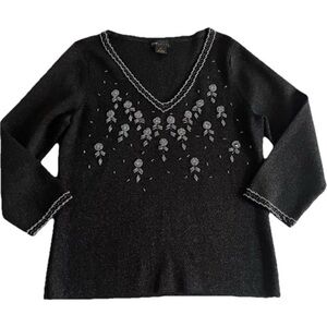 Women's Grace Elements Black Evening Knit Sweater Top Size M Silk Blend Beaded